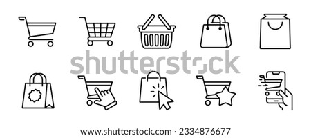 shopping bag icon set online purchase shopping cart trolley symbol outline style illustration vector design