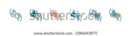 teamwork solving problems together with puzzle piece match solution icon vector with hands holding jigsaw part creative idea strategy symbol illustration