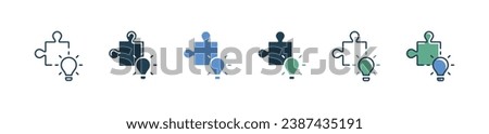 simple business creative solution with puzzle piece icon vector problem solving jigsaw part and lightbulb symbol outline illustration for web and app