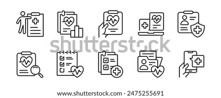 medical record health diagnosis report icon set hospital medical check-up analysis information clipboard vector line illustration