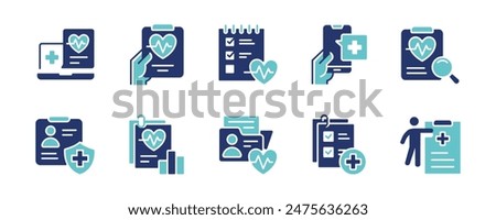 online medical diagnosis report icon set hospital record health care document analysis treatment with heartbeat symbol vector illustration