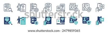 health check-up diagnosis report icon vector set medical document record information health prescription signs illustration for web and app