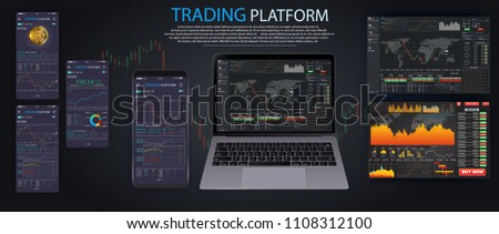 Market trade. Binary option. Trading platform, account. Press Call and Win transaction. Money Making, business. Market analysis. Investing. Screen of user interface for phone, laptop, tablet