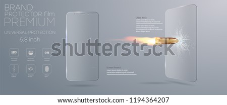 Shot a bullet in protective glass, a crack on glass. Screen Protector Glass. Vector illustration of transparent tempered glass shield for mobile phone