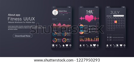 Different UI, UX, GUI screens fitness app and flat web icons for mobile apps, responsive website including. Web design and mobile template. Fitness Dashboard - stock vector