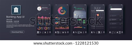 Design of the mobile app UI, UX. A set of GUI screens for mobile banking , home page, payment information, ratings and statistics, settings, payment screens and bank cards