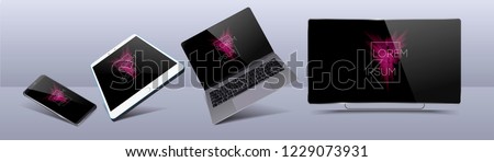 Set Mock-up of realistic devices. Smartphone, tablet, laptop, TV. 3D vector illustration Vector collection gadgets, Mockups to showcase your web-site design