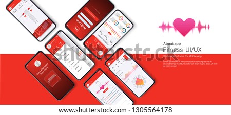 	
Different UI, UX, GUI screens fitness app and flat web icons for mobile apps, responsive website including. Web design and mobile template. Red trends design. Fitness Dashboard - stock vector