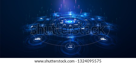 landing page IoT. Internet of things  devices and connectivity concepts on a network. Spider web of network connections with on a futuristic blue background. IOT icons