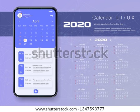 Mobile app calendar 2020 week start sunday corporate design template vector Tasks UI UX Design Mockup Vector.  GUI UI UX template layout. Blue calendar widget event.