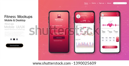 Different UI, UX, GUI screens fitness app and flat web icons for mobile apps, responsive website including. Web design and mobile template. Fitness Dashboard. Ready templates fitness tracker. Vector
