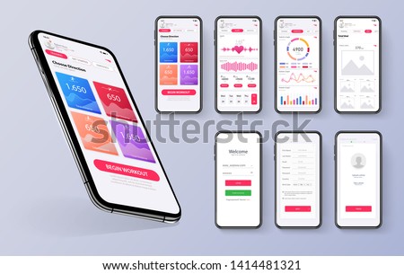 Different UI, UX, GUI screens fitness app and flat web icons for mobile apps, responsive website including. Web design and mobile template. Red trends design. Fitness Dashboard - stock vector 商業照片 © 