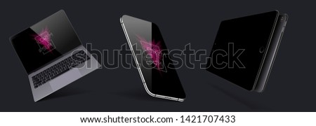 Set Mock-up of realistic devices. Smartphone, laptop, tablet and smartphone with blank screen for design. Vector collection gadgets. 3D, isometric, axonometric view of the device. Vector illustration