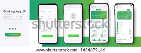 Banking App UI, UX Kit for responsive mobile app or website with different GUI layout including Login, Create Account, Profile, Transaction and Notification screens. Vector illustration