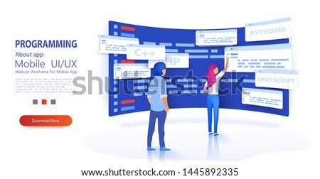 People programmers coding and correct errors in project. Dashboard screen with program code. Programmer at work concept banner. Can use for web banner Trendy flat style. Isometric vector illustration