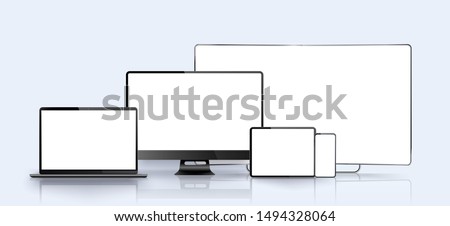 Vector minimalistic 3d isometric illustration set device. Smartphone, laptop, tablet, tv perspective view. Side and top view. Mock up generic device. Template for infographics or presentation 