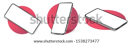 Smartphone frame less blank screen, rotated position. Smartphone from different angles. Mockup generic device. UI/UX smartphones set. Template for infographics or presentation 3D realistic phones. 