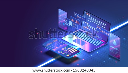 Application of Smartphone with business graph and analytics data on isometric mobile phone. Analysis trends and software development coding process concept. Programming, testing cross platform code Foto d'archivio © 