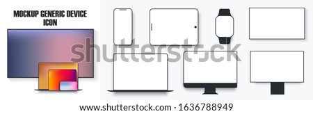 White desktop computer display screen smartphone tablet portable notebook or laptop and tv icon. Outline mockup electronics devices phone monitor lines simple isolated vector set. Mockup device