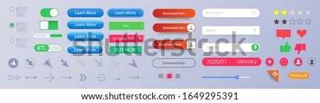 Set of vector modern material style buttons. Different gradient colors and icons. Empty web buttons. Colorful navigation long web button. Interface buttons. Search bar. Web UI elements for browsers.