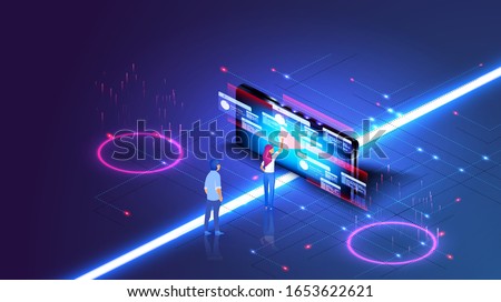 Modern isometric design concept of Online Education for website in modern blue style. Data information blocks, projected hi tech data, technology. People look at the screen and using cloud technology