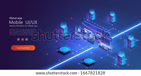 Cloud services isometric composition. Big data analysis storage business intelligence systems modern high tech isometric background connected with dashed lines. Station of future, server room rack.