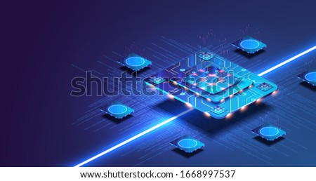 Futuristic microchip processor with lights on the blue background. Quantum computer, large data processing, database concept. Artificial intelligence and robotics quantum computing processor concept.