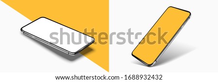 Smartphone frame less blank screen mockup, rotated position. 3d isometric illustration cell phone. Smartphone perspective view. Template for infographics or presentation UI/UX design interface. vector