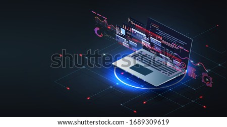 Application of laptop with business graph and analytics data on isometric laptop .Digital money market, investment, finance and trading. Perfect for web design, banner, presentation. Isometric vector