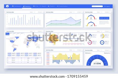 Web dashboard, great design for any site purposes. Business infographic template. Vector flat illustration. Dashboard user admin panel template design. Analytics dashboard. Modern infographic. UI/UX