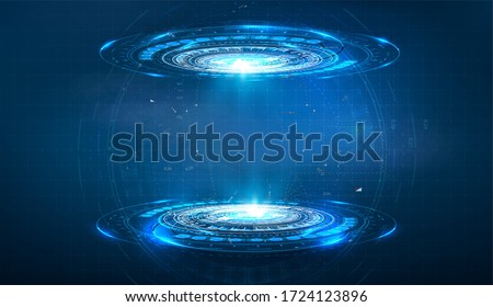 Futuristic circle vector HUD, GUI, UI interface screen design. Abstract style on blue background. Blank display, stage or podium for show product in futuristic cyberpunk style.Technology demonstration
