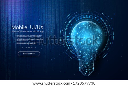 Falling random numbers. Light bulb from lines and triangles, point connecting network on blue background. Lamp bulb on technology background Vector illustration