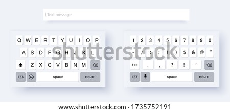 Mock up light keyboard of smartphone. Set of vector mobile keyboards full set. Alphabet and numerals buttons in modern style. Compact virtual keyboard for mobile device.  Vector illustration