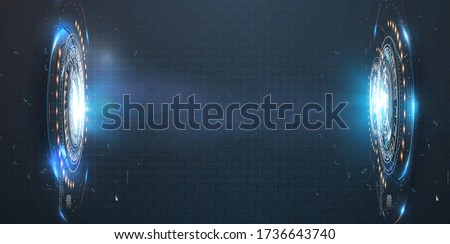 Futuristic neon circles, portal. Hologram of space or cyberspace for presentations or video games. Abstract style, circle on blue background. Technology communication design innovation background. HUD