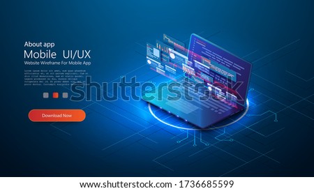 Coding and programming app in laptop for web developer concept based isometric design.Programming and software development web page banner, program code on screen device. Code, app on laptop UI/UX