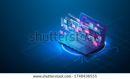 Purple Web Development concept, programming and coding. Adaptive layout internet page or web interface on screen laptop. Programming, testing cross platform on laptop. Technology software of site