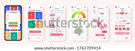 Creative design of the Fitness Application, UI, UX. Set of GUI Screens with Login and Password input, and Screens Showing Physical Activity, Health Infographics. Mobile template Health & Medical. 3d