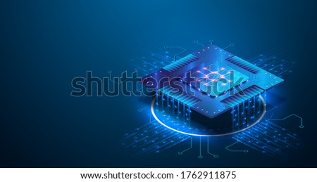 Futuristic blue neon microchip, data exchange and collection, smart new microchip concept. Quantum computer, large data processing, database concept. CPU isometric banner. Central Computer Processors