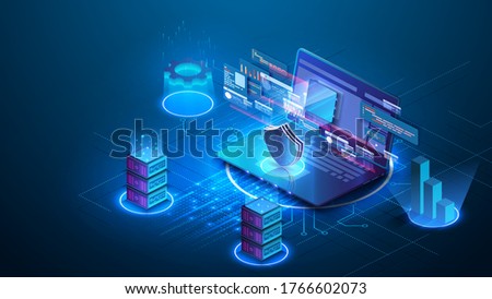 Digital technologies. Digital system analysis of business. Business growth graph.  Conceptual banner of web technology. Server, digital space. Monitoring and testing Data storage. Data center.