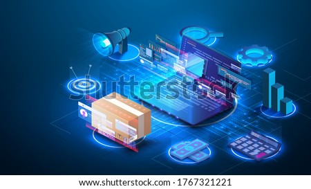 Smart logistics industry 4.0. Inventory optimization isometric  Asset warehouse and inventory management supply chain technology concept. Auditing of data, digital technology. Web banner template
