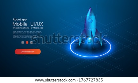 Rocket flying in up, start up concept, design banner template, isometric style. Business start up concept. Rocket taking off with fire over neon glowing circle on blue background. Vector illustration