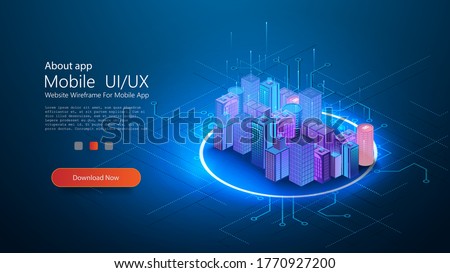 Futuristic infrastructure of a smart night city. Residential urban buildings for isometric innovation flat design. Smart city vector illustration of town with digital communication technology. Vector