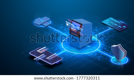 ATM withdrawal isometric concept vector banner. Banking technology, financial apps, cache machine and smartphone, credit card and cash.Banking technology, financial apps, cache machine. Landing page.