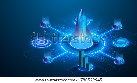 Business start up isometric concept vector illustration.The rocket takes off over a neon circle of light. Gear, graph, search, goal, target on futuristic blue background. Business startup technologies