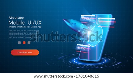 Isometric Concept Business Startup. The rocket takes off from portal of the mobile phone augmented reality on blue background. Design concept augmented reality. AR and VR Development. Media Technology