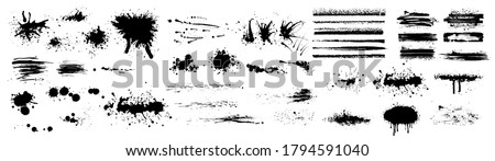 Ink splashes. Black inked splatter dirt stain splattered spray splash with drops blots isolated. Ink splashes stencil. High quality manually traced. Drops blots isolated. Vector illustration