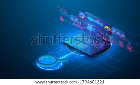 Data analysis, SEO vector isometric background. Optimization process of internet search results for online visibility of website. Magnifier and open laptop with charts and graphs on the screen. Banner