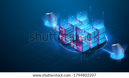 Server room isometric, Cloud storage data, Data center, Big data processing and computing technology. Data protection, a shield against the background of the server room. Server farm communication.