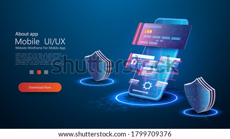 Online banking app landing page. Smart wallet concept with credit, debit card payment application. Gadget of the future, smartphone tech payment. Flat Isometric vector illustration. E-payment screen