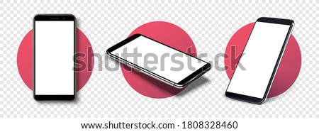 Smartphone frame less blank screen, rotated position. Smartphone from different angles. Mockup generic device. Vector smartphones set.Template for infographics or presentation 3D realistic phones.
